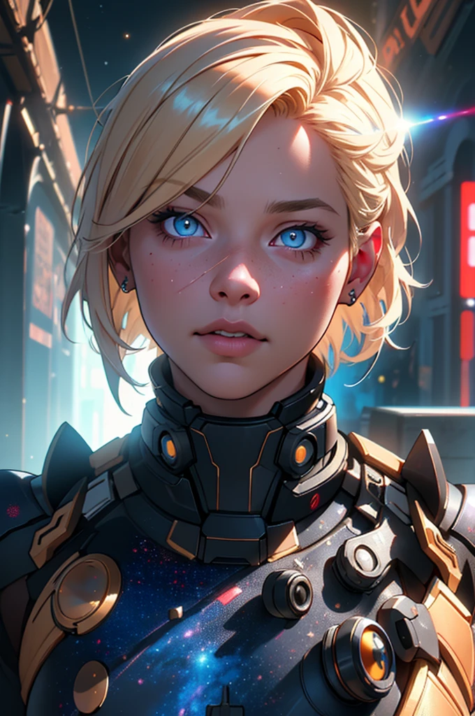 Highly detailed RAW color photo, beautiful young woman, short blonde hair, dynamic pose, (wide hips), (detailed skin), (detailed lips), (detailed eyes), (cosmic: 1.4), (necropolis: 1.1), (science fiction setting) (detailed face), (curvy), red clothing, detailed eyes, chromatic aberration, depth of field, soft lighting, masterpiece, best quality, intricate, (lens reflection: 0.7), (flowering: 0.7), particle effects, ray tracing, tone mapping, highly detailed, concept art, smooth, sharp focus, dramatic lighting, highly detailed art, cinematic, hyper-realistic painting, trending on Artstation, 8K, amazing shadows, realistic, (highly detailed background: 1.2), mid-journey art