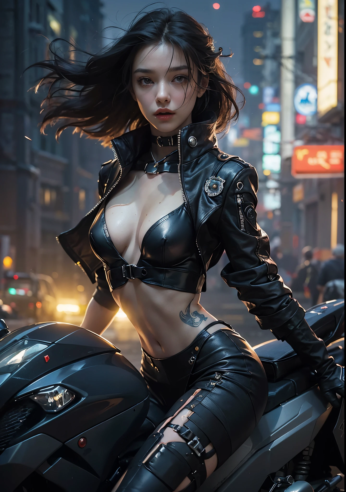 Huntress riding a high-tech motorcycle, Shoot high-tech artillery, Sparks from the gun, (1 female, brown eyes, white skin, Twin-tailed black hair, choker, small breasts, skinny, lip whole, compensate, eyeliner, Russia), Wearing black one-piece leather armor, Long leather gloves, long Leather boots, In a cyberpunk town at night, (cyberpunk theme), (masterpiece, highest quality, 8K, sharp focus, Depth of bounds written, best shadows, perfect light, HDR, realistic skin texture, Ultra-detailed and detailed background), wide shot