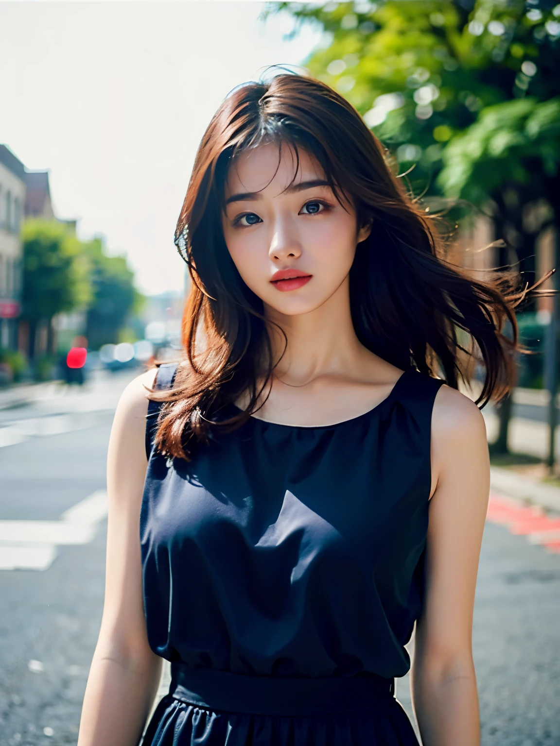 Woman posing seductive on street corner, top quality, high resolution, 8k, girl alone, outdoor, (street: 0.8), (people, crowd: 1), sleeveless dress, black dress: 1.5), gorgeouedium hair), (dynamic pose: 0.8), (upper body: 1.2), soft lighting, wind, glossy skin, gaze,
