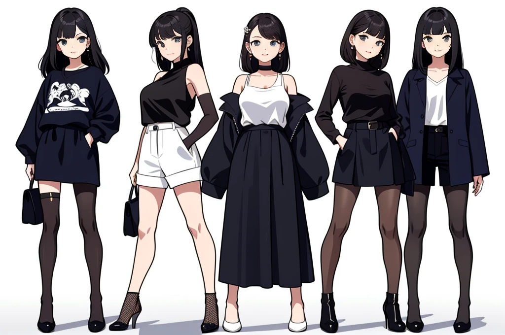 (((Best Quality))) , ((full body)), female, multiple views, white background, variety of hairstyles, variety of fashion styles, seductive pose, fashionable and trendy atmosphere, holding bag,