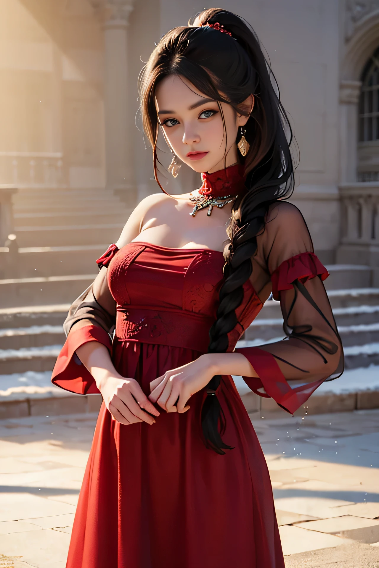 (skindentation:1.5), Realistic, Photorealistic, (masterpiece:1.5), concept art, intricate details, highly detailed, photorealistic, octane render, 8k, unreal engine, dynamic pose, best quality, highres, (realistic face:1.1), (hyperrealistic:1.1), (((full_body))), perfect eyes,(shiny skin:1.2), perfect hand, extremely detailed background, ((snow)), ((1girl)), ((wearing red long silky dress)), ((detailed eyes, high quality eyes, high quality face)), long black hair, messy ponytail, dramatic, depth of field, bokeh, 4k, ancient ruin, dancer, (((dancing))), long sleeves, (((red long chiffon dress))), turtle neck, bride, ((dancing with long red veil))