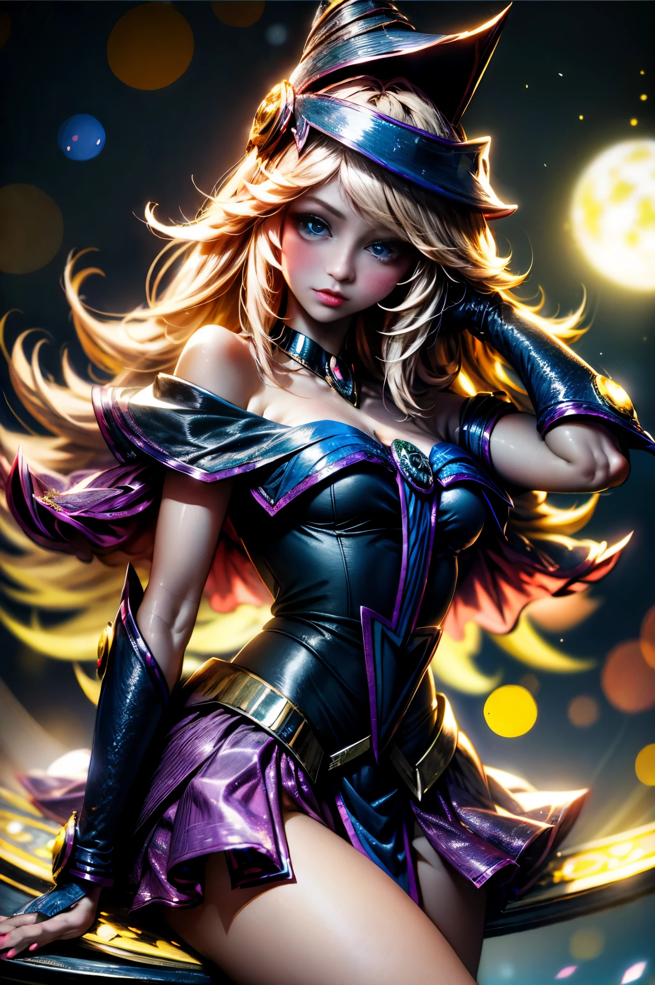 Dark magician girl, realista, 1girl, (Magical Girl:1.4), cabello largo y rubio, (ojos azules), (Cristales, bokeh brillante), Uniforme de dark magician girl, (pechos enormes:1.25), escote, caderas anchas, small waist, clavicle, labios separados, maquillaje, sonrojarse, piel brillante, Noche, reflecion, luna llena, Luz de la luna, rosa. Sexy