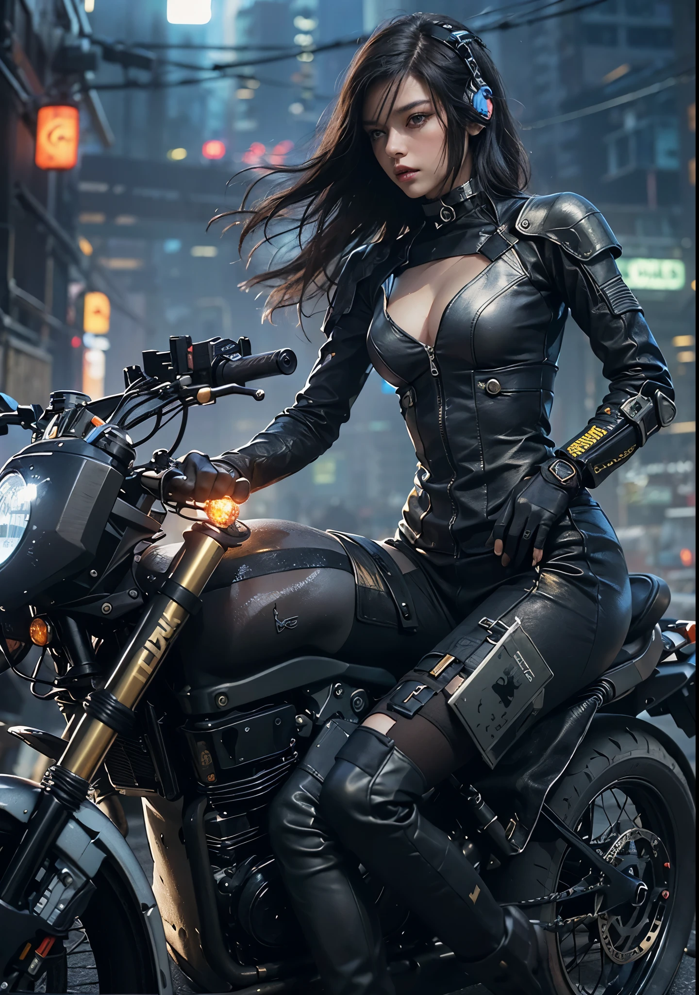 Huntress riding a high-tech motorcycle, Shoot high-tech artillery, Sparks from the gun, (1 female, brown eyes, white skin, Twin-tailed black hair, choker, small breasts, skinny, lip whole, compensate, eyeliner, Russia), Wearing black one-piece leather armor, Long leather gloves, long Leather boots, In a cyberpunk town at night, (cyberpunk theme), (masterpiece, highest quality, 8K, sharp focus, Depth of bounds written, best shadows, perfect light, HDR, realistic skin texture, Ultra-detailed and detailed background), wide shot