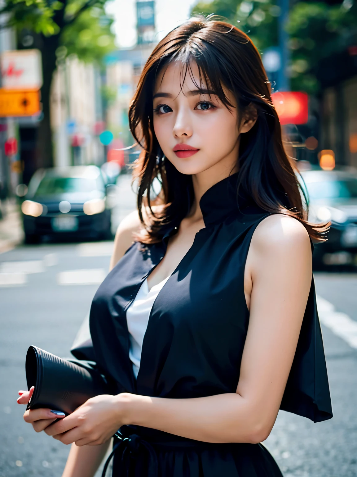 Woman posing seductive on street corner, top quality, high resolution, 8k, girl alone, outdoor, (street: 0.8), (people, crowd: 1), sleeveless dress, black dress: 1.5), gorgeouedium hair), (dynamic pose: 0.8), (upper body: 1.2), soft lighting, wind, glossy skin, gaze,