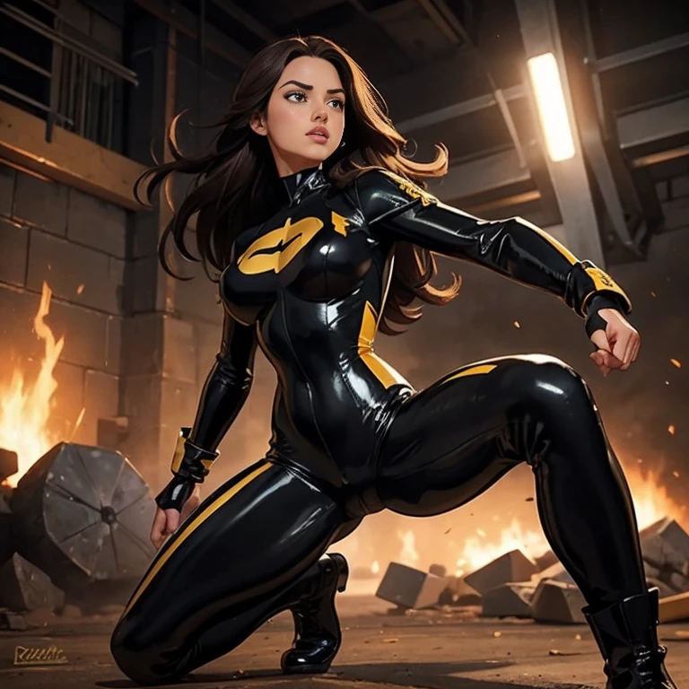 X-23 in her 25, laura kinney x-23, big breastes, Lush breasts, elastic breasts, exuberant hair, long brown hair, fighting, in the battlefield, Cool, jersey, fight pose, perfect eye, perfect lips , badass pose, beste-Qualit, Very detailed, claws from hands, (total black and yellow latex body suit), military boots, hourglass body, big breast, perfect body, 