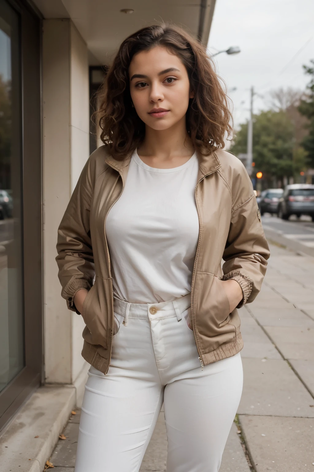((best quality)), ((masterpiece)), (detailed), perfect face, light skinned, 20yo woman, light skin, yellow shirt, busty, white pants, dark curly hair, sunny outside, standing straight facing forward, wearing a tan jacket with hands in pocket