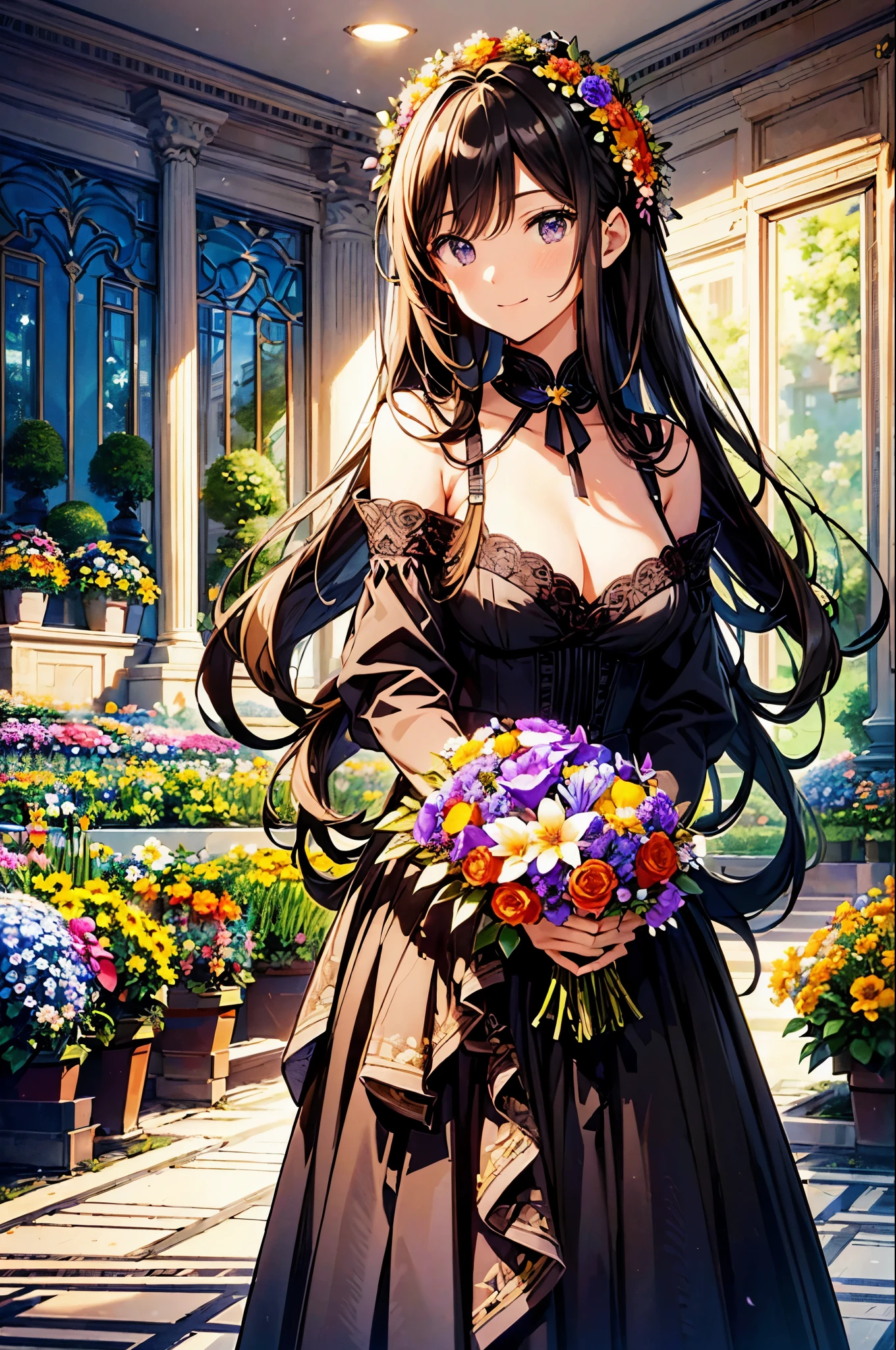 disorganized, High resolution, (official art, beautiful and aesthetic:1.2), (close view:1.2), front composition,
1 girl, (long hair:1.2), Black and blonde two-tone color、wavy hair, smile, I'll give you a bouquet of flowers、grab various bouquets、
(Everywhere in the flower garden:1.6), (Flower Effects:1.2), (flower background:1.2), (Background filled with flowers:1.4), (Fancy backgrounds:1.1),