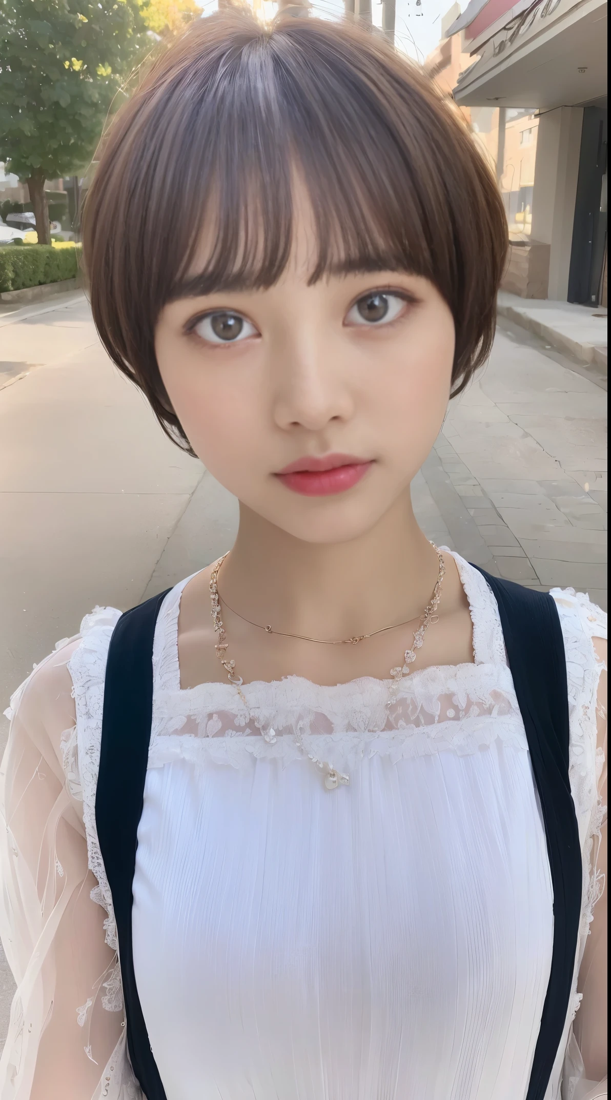 ((highest quality, 8K, masterpiece :1.3)), sharp focus :1.2, perfect body beauty:1.4, ((Layered Short Hair:1.2)), (Lolita clothes:1.1), (street:1.2), Highly detailed face and skin texture, fine eyes, double eyelid,
