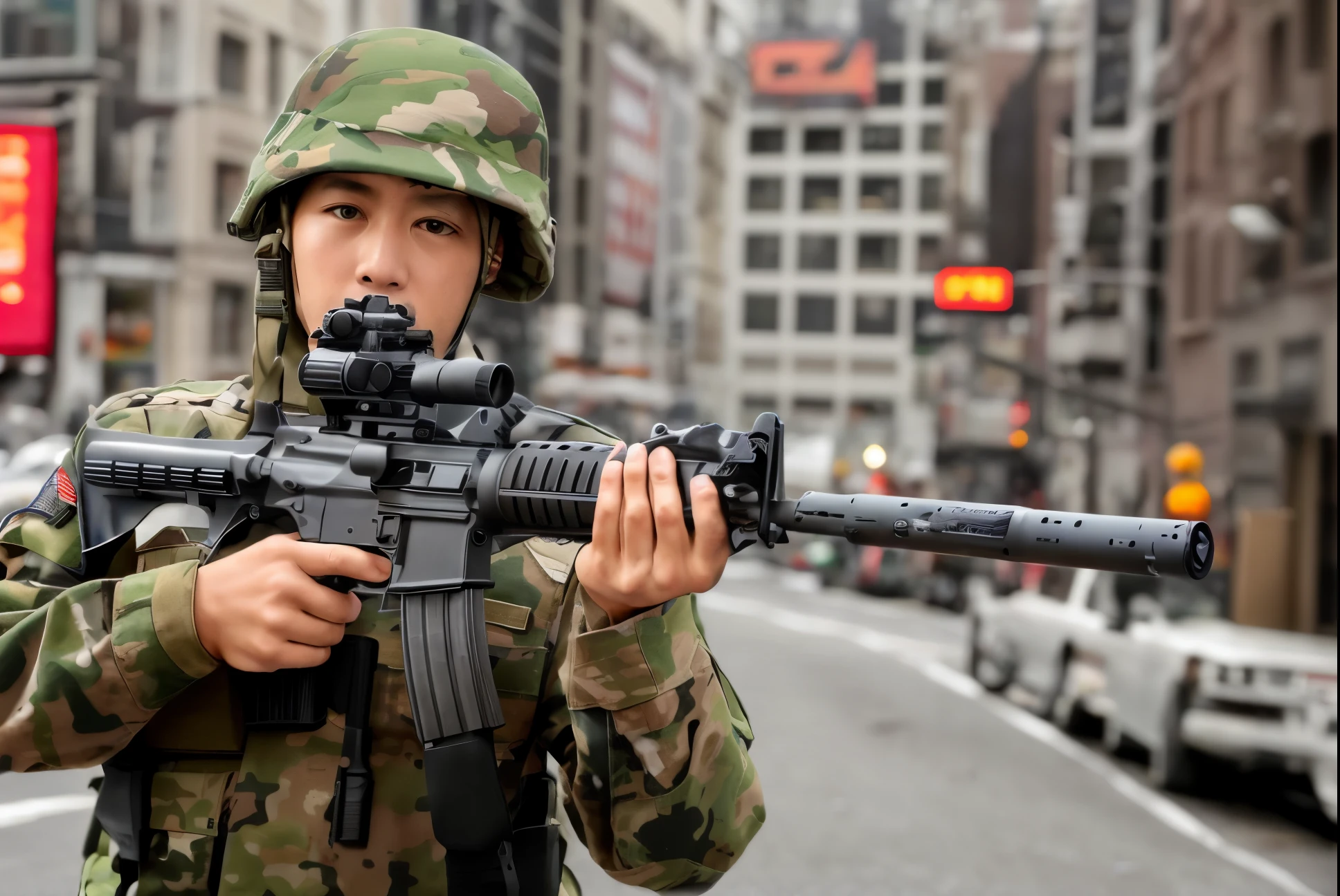 arafed soldier with a rifle, holding rifle, carrying a rifle, holding a rifle, wielding assault rifle, realistic soldiers, military weaponry, with rifle, handling riffle on chest, man is carrying a rifle, realistic military gear, airsoft gun, with rifle in hands, soldier, new york city street backdrop