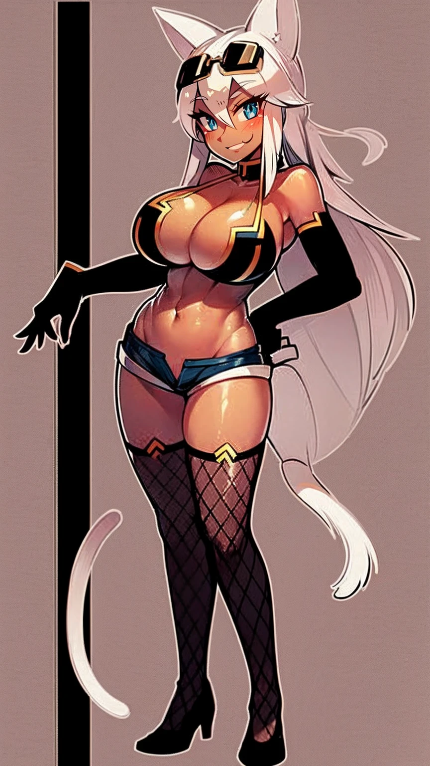 syamumerurusa, blue eyes, animal ears, cat ears, dark skin, dark-skinned female, sunglasses, eyewear on head, gloves, white hair, long hair, breasts, tail, shorts, thighhighs, elbow gloves, cleavage, cat tail, large breasts, navel, fishnets, bare shoulders, 1girl, solo, full body, standing, tall female, curvy, bodysuit, superhero costume, refsheet