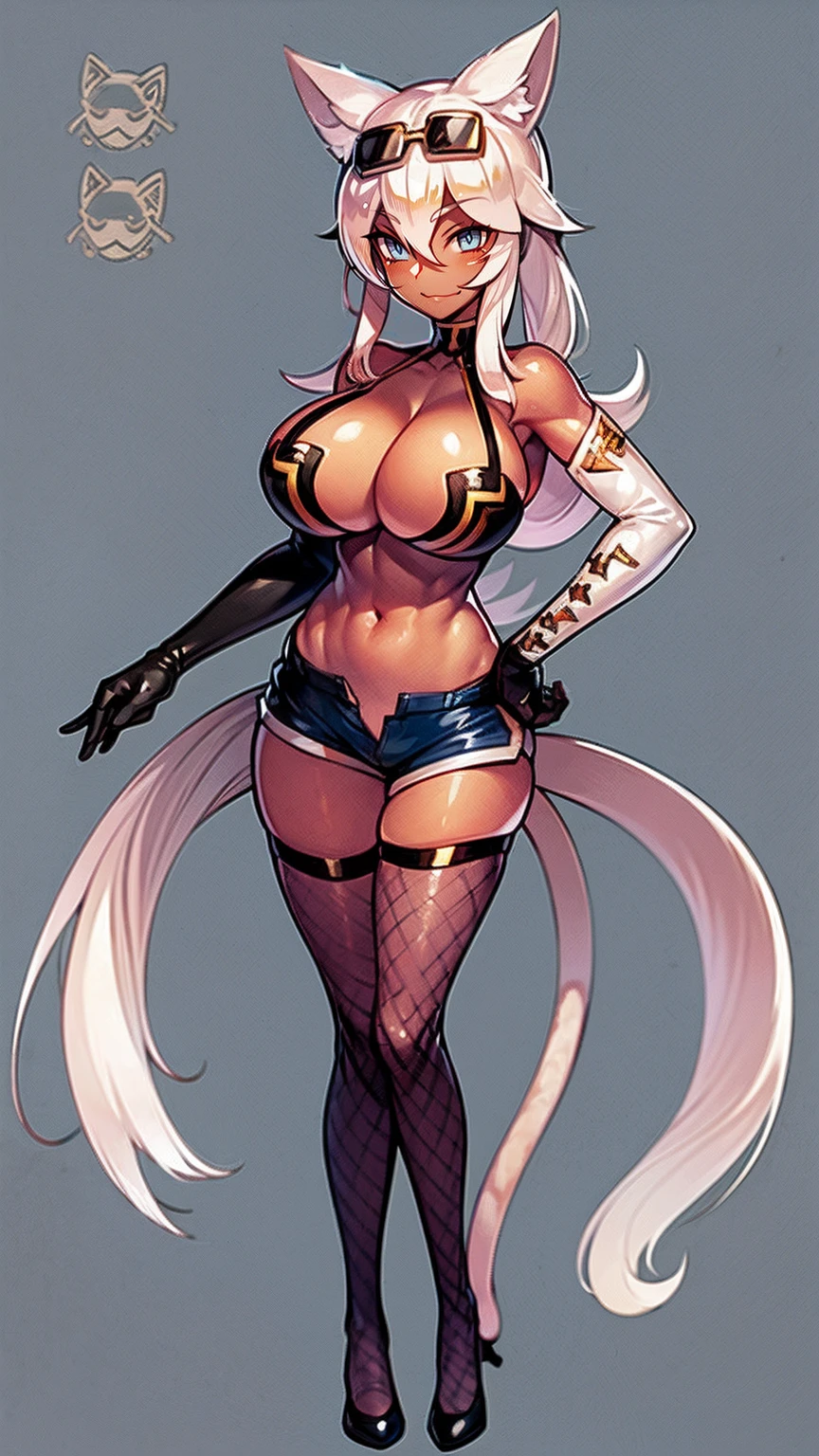 syamumerurusa, blue eyes, animal ears, cat ears, dark skin, dark-skinned female, sunglasses, eyewear on head, gloves, white hair, long hair, , tail, shorts, thighhighs, elbow gloves, cleavagail, large breasts, navel,ts, bare shoulders, 1girl, solo, full body, standing, tall female, curvy, bodysuit, superhero costume, refsheet