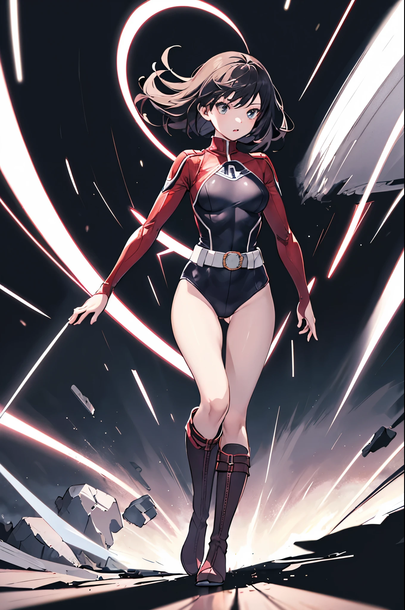 1girl, superhero, leotard, bare legs, boots, standing, solo focus, tight belt, spread arms, full body shot, mature lady, spinning like a tornado