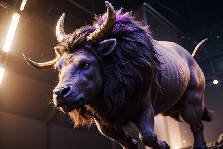 "Hyper-realistic digital artwork in ultra high definition 8k of a majestic illustration of the zodiac sign Taurus as a powerful minotaur. Its spiraling horns are studded with sparkling amethysts"