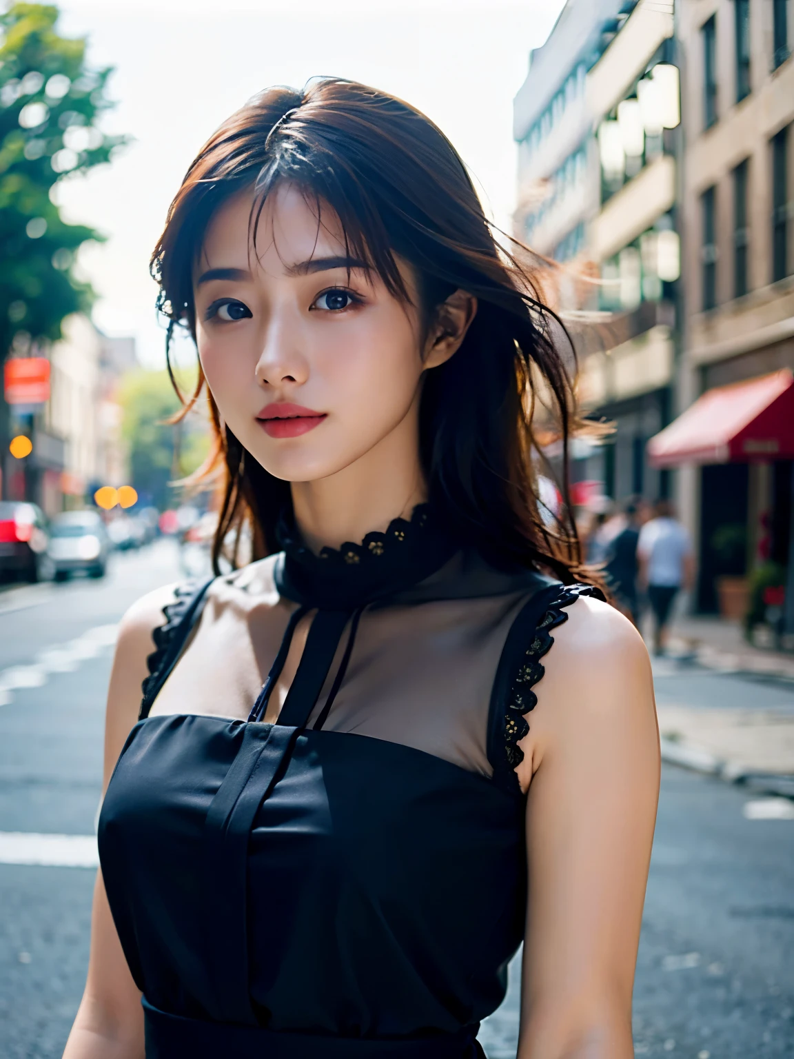 Woman posing seductive on street corner, top quality, high resolution, 8k, girl alone, outdoor, (street: 0.8), (people, crowd: 1), sleeveless dress, black dress: 1.5), gorgeouedium hair), (dynamic pose: 0.8), (upper body: 1.2), soft lighting, wind, glossy skin, gaze,