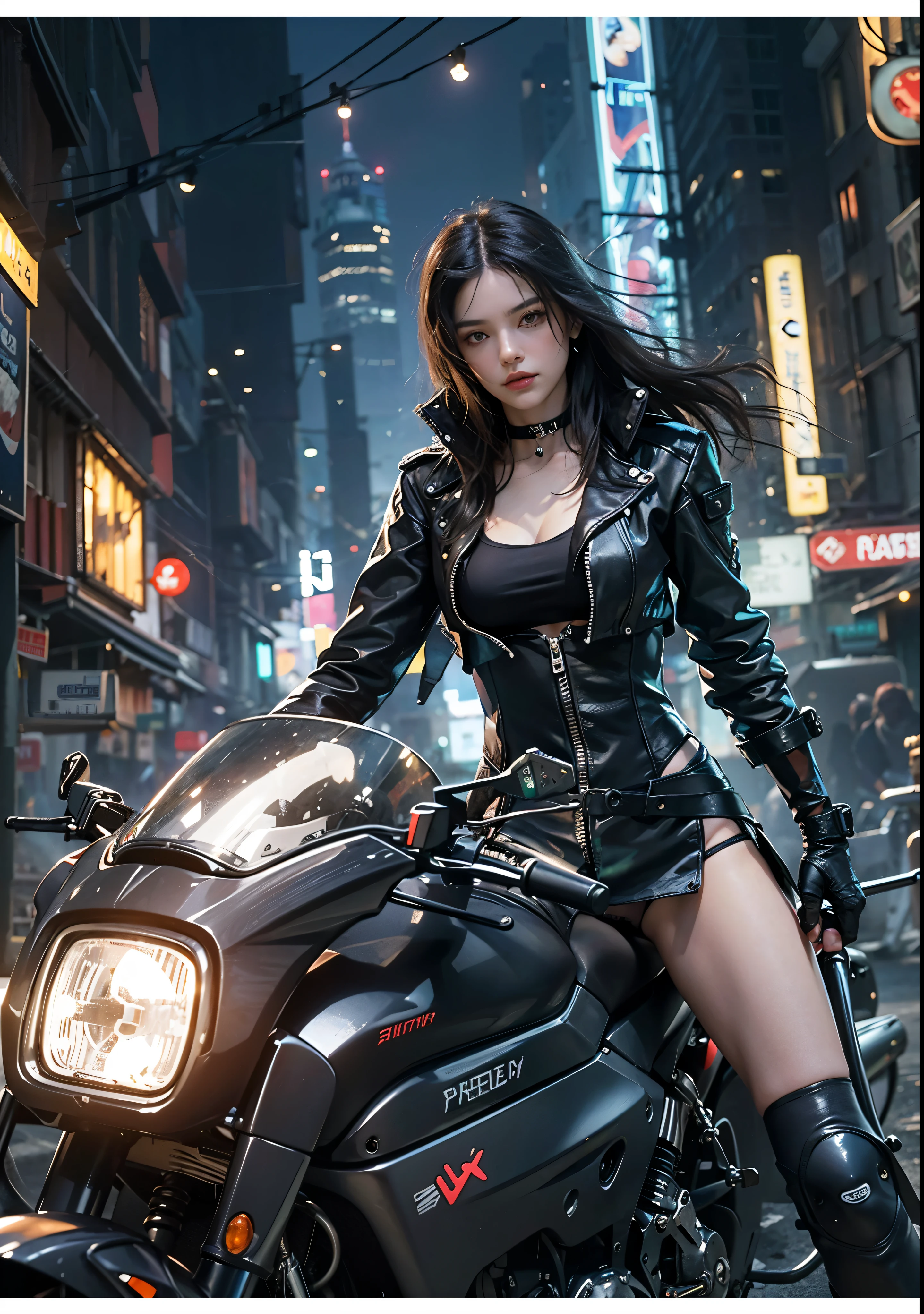 Huntress riding a high-tech motorcycle, Shoot high-tech cannons, Sparks from guns, (1 female, brown eyes, white skin, Twin-tailed black hair, choker, small breasts, skinny, lip whole, compensate, eyeliner, Russia), Wearing black one-piece leather armor, Long leather gloves, long Leather boots, In a cyberpunk town at night,  (cyberpunk theme), (masterpiece, highest quality, 8K, sharp focus, written boundary depth, best shadows, perfect light, HDR, realistic skin texture, Ultra-detailed and detailed background), wide shot