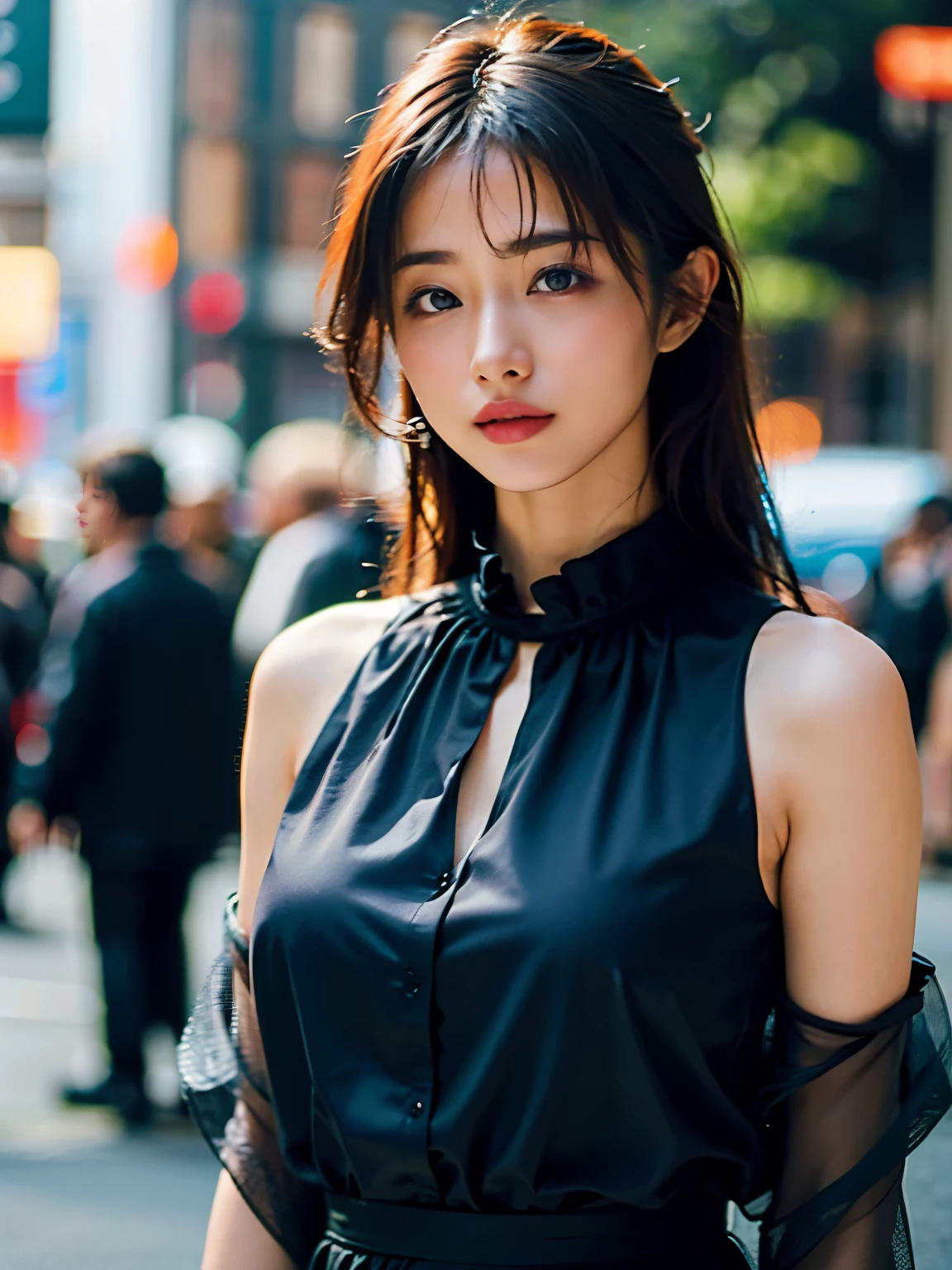 Woman posing seductive on street corner, top quality, high resolution, 8k, girl alone, outdoor, (street: 0.8), (people, crowd: 1), sleeveless dress, black dress: 1.5), gorgeouedium hair), (dynamic pose: 0.8), (upper body: 1.2), soft lighting, wind, glossy skin, gaze,