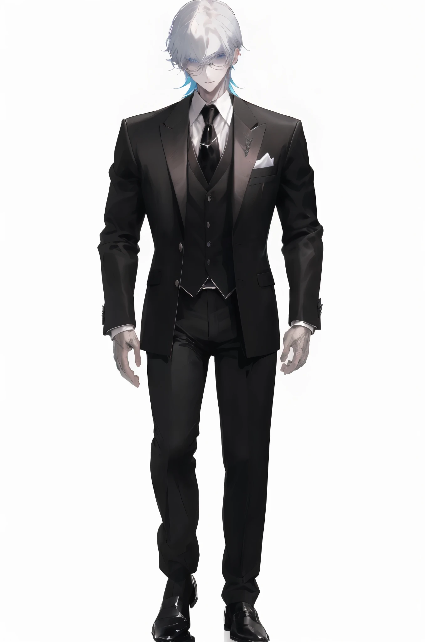 anime character dressed in black suit and tie with white hair, !!full body portrait!!, slender man, man in black suit, wearing a black suit, single character full body, dark suit, wearing black suit, in a black suit, fullbody portrait, tall anime guy with blue eyes, formal black suit. detailed, full body single character,hd quality