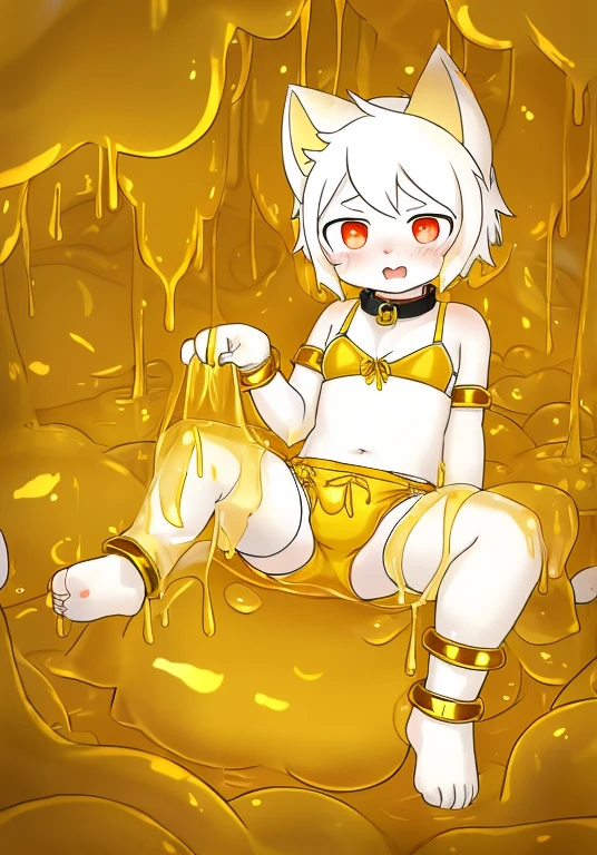 A male white cat wearing a diaper,潜入Golden Slime中,into the slime,((Thighs covered with golden mucus)),Golden Slime,collar,red pupils,cat ears,cat nose,(leg rings),(anklet),(wristband),bra