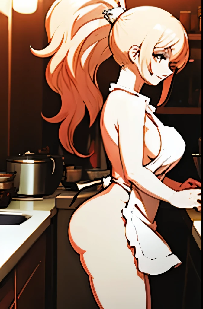 naked apron, gigantic breasts, smile, wide hips, indoors, kitchen, curvy, from side, lips, ponytail,