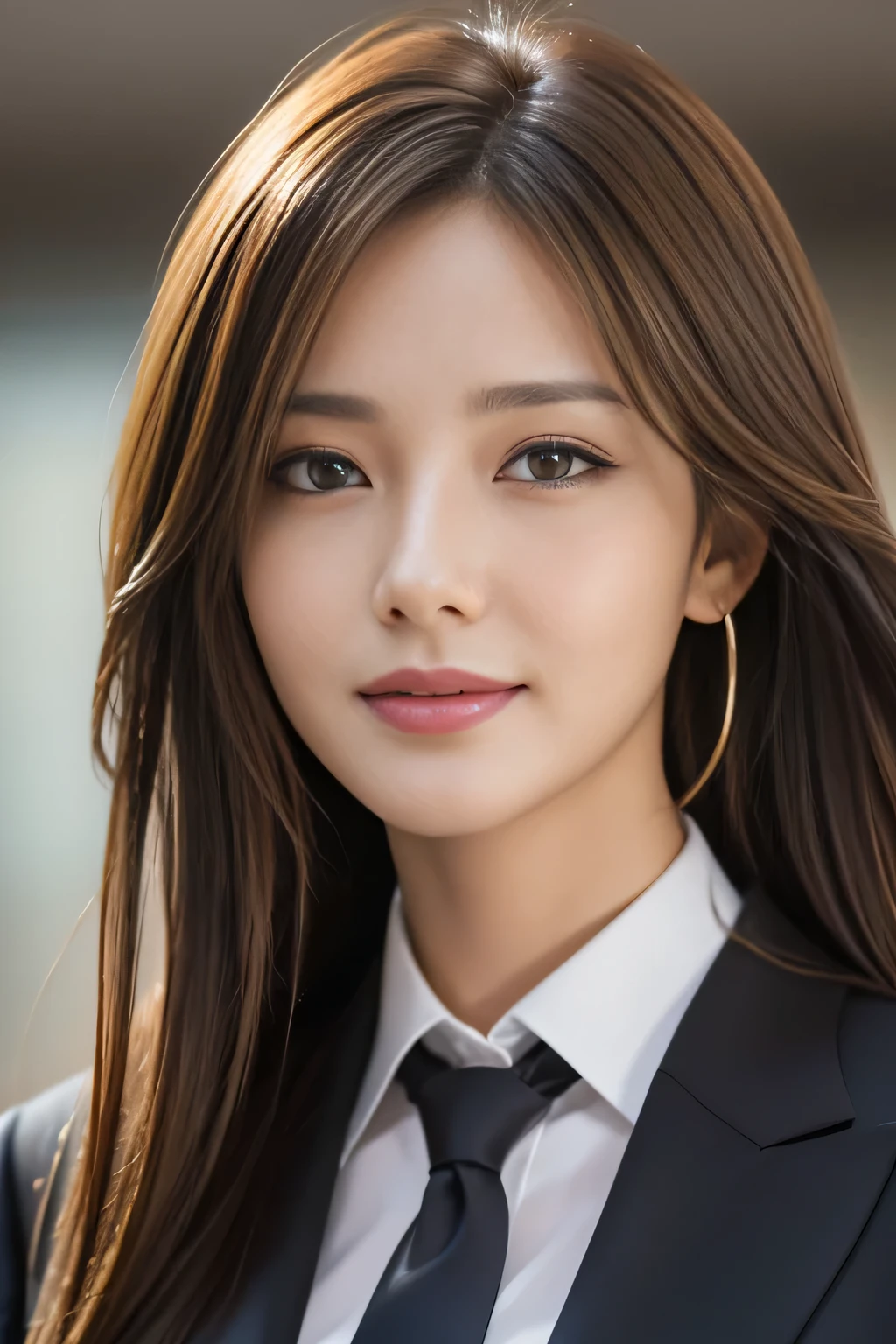 step piece, highest quality, realistic, Super detailed, finely, High resolution, 8K Dende Wallpaper, 1 beautiful woman,, light brown messy hair, wearing a business suit, sharp focus, perfect dynamic composition, beautiful and detailed eyes, fine hair, Detailed realistic skin texture, smile, close-up portrait, model body shape