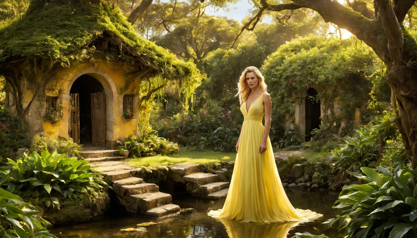 There is a beautiful girl "Kim Basinger", with a long, detailed Lemon Yellow dress, melhor qualidade,realistic detailed fantasy house in an Encantado forest,ao lado de um riacho tranquilo,(lush vegetation,folhagem abundante,musgo espesso),(vaga-lumes cintilantes,Dancing butterflies,sussurrando atmosfera misteriosa e arborizada,ethereal ambiance),(sonhe como,magical,Encantado:1.2),(macio,luz solar filtrada),(aconchegante,esquentar,Convidativo:1.1) Fairytale setting,(cores vibrantes,roof covered in pastel colors,porta detalhada em madeira esculpida,magical symbolubbling stream,water bathed in the sun),(vento sussurrando,Folhas farfalhantes),Old stone path leading to the house,jardim coberto com flores florescentes,and a beautiful swing hanging from a tree branch.