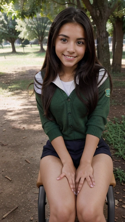 *********** 20 year old, usa woman, complexion robusta, piel morena oscuro, hair straightened, luz natural, sonrisa timida, posa en un parque con árboles y bello campo verde, uniform school, falda escolar, Sitting showing her underwear under her skirt