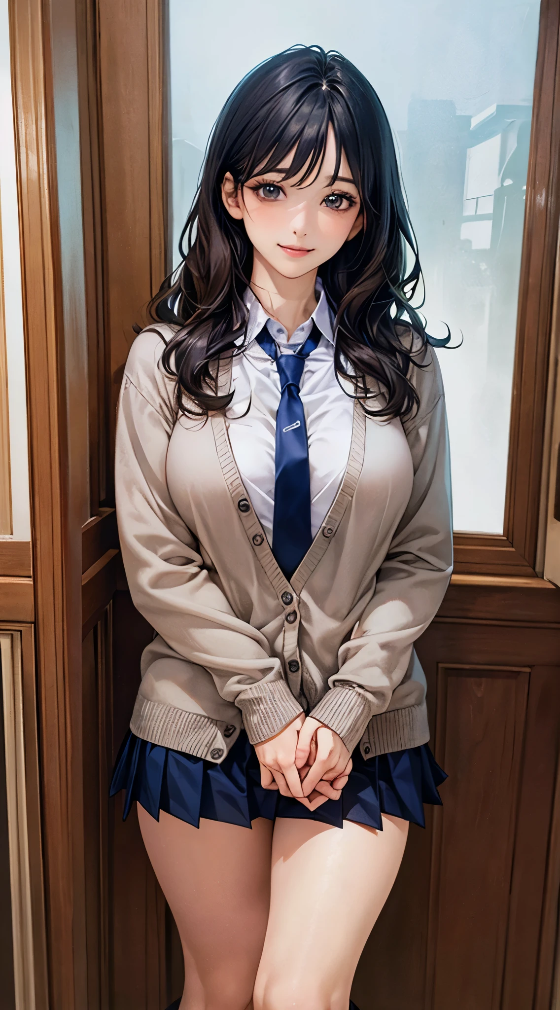 (masterpiece:1.2, top-quality), (realistic, photorealistic:1.4), beautiful illustration, (natural side lighting, movie lighting), 
looking at viewer, cowboy shot, front view:0.6, 1 girl, japanese, maid, perfect face, cute and symmetrical face, shiny skin, 
(long hair:1.8, wavy hair:1.6, black hair), asymmetrical bangs, grey eyes, long eyelasher, (large breasts:0.9, thick thighs), 
beautiful hair, beautiful face, beautiful detailed eyes, beautiful clavicle, beautiful body, beautiful chest, beautiful thigh, beautiful legs, beautiful fingers, 
((light blue collared shirts, navy pleated mini skirt, socks, navy tie, light brown cardigan)), pink panties, 
(beautiful scenery), {day|night}, {kitchen room | dining room | living room}, standing, {hands on chest | hands between legs}, (lovely smile, upper eyes), 