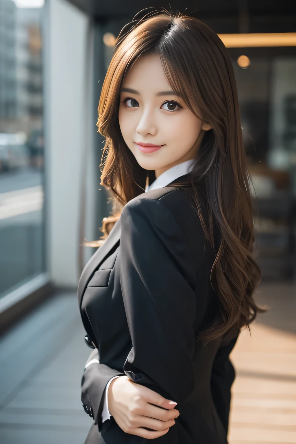 step piece, highest quality, realistic, Super detailed, finely, High resolution, 8K Dende Wallpaper, 1 beautiful woman,, light brown messy hair, wearing a business suit, sharp focus, perfect dynamic composition, beautiful and detailed eyes, fine hair, Detailed realistic skin texture, smile, close-up portrait, model body shape