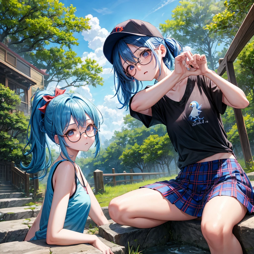 blue hair、Red-blonde、blue eyeraid、ponytail、one good looking girl、solo、anime、Plaid miniskirt、black t-shirt、camisole、forest、sitting、Wearing a plaid baseball cap、Tilting your face、Doing the ribbon、sunset sky、stone bridge、stone stairs、petal、A small bird flying、big tree、tunnel、water blowing up、Bang、stretching one's back、Fallen leaveixing glasses