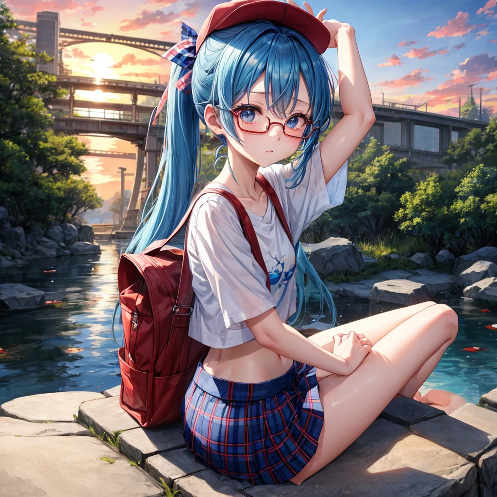 blue hair、Red-blonde、blue eyeraid、ponytail、one good looking girl、solo、anime、Plaid miniskirt、black t-shirt、camisole、forest、sitting、Wearing a plaid baseball cap、Tilting your face、Doing the ribbon、sunset sky、stone bridge、stone stairs、petal、A small bird flying、big tree、tunnel、water blowing up、Bang、stretching one's back、Fallen leaveixing glasses