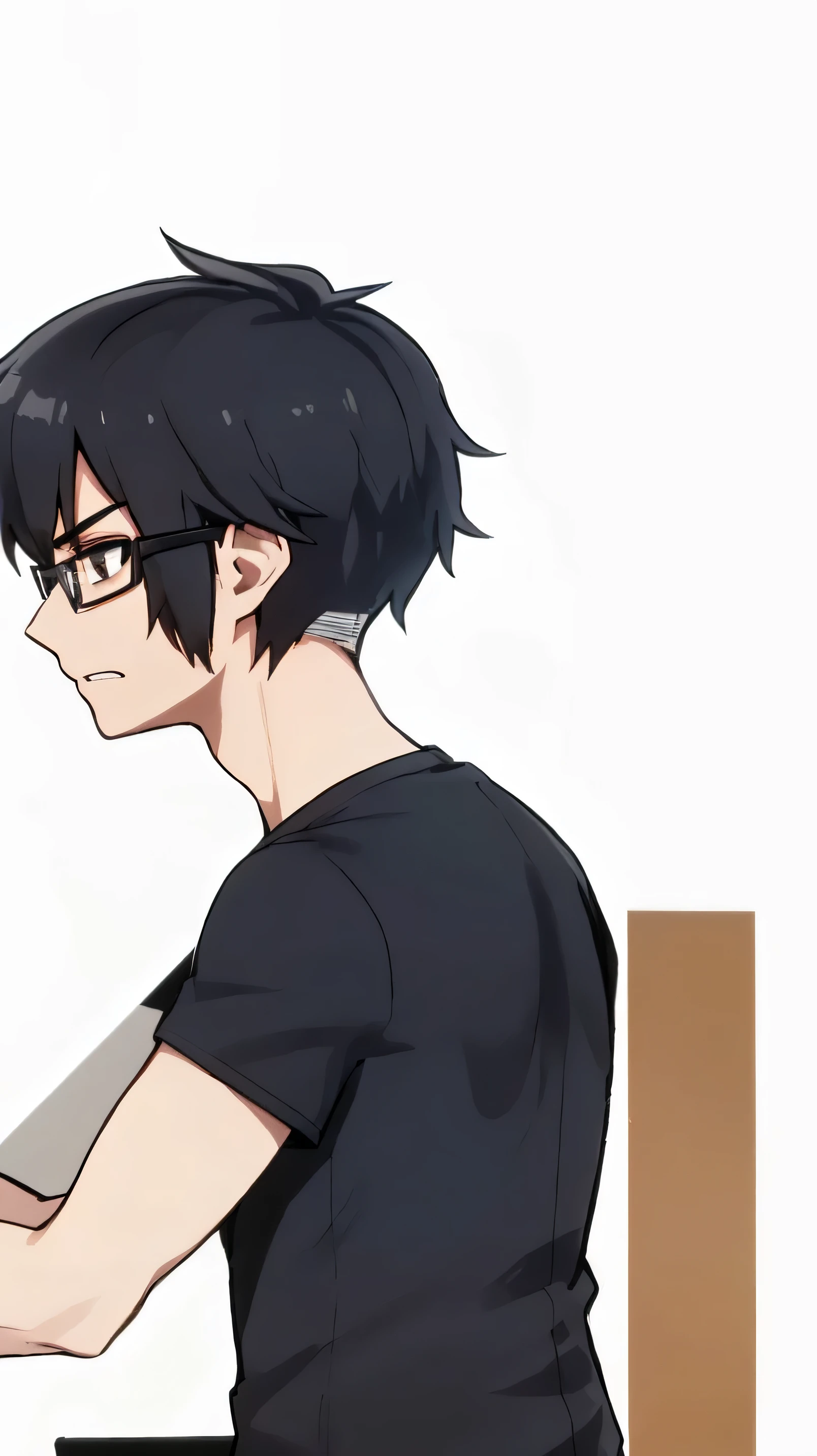 man, Black hair, Brown eyes, Glasses, black T-shirt, man сидит за laptopом, laptop, table, Background room with bookshelf, bed and TV, night time, man смотрит в компьютер, slightly frightened face