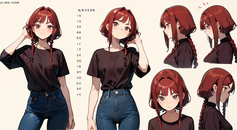 21 years old, redhead girl, Armpit length hair  (((Narrow Eyes)))  (((A little awkward shy gaze)))  Jeans and pullovers,  ((Corkscrew hairstyle)) Detailed Character Sheet, Front view, Side view, three quarter view,