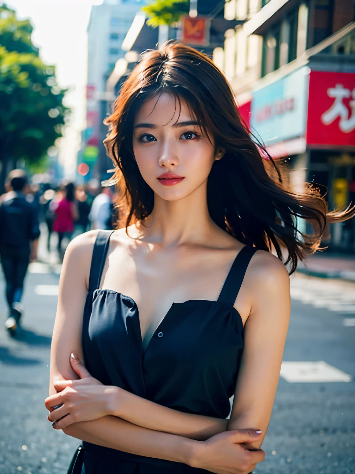 Woman posing seductive on street corner, top quality, high resolution, 8k, girl alone, outdoor, (street: 0.8), (people, crowd: 1), sleeveless dress, black dress: 1.5), gorgeouedium hair), (dynamic pose: 0.8), (upper body: 1.2), soft lighting, wind, glossy skin, gaze,