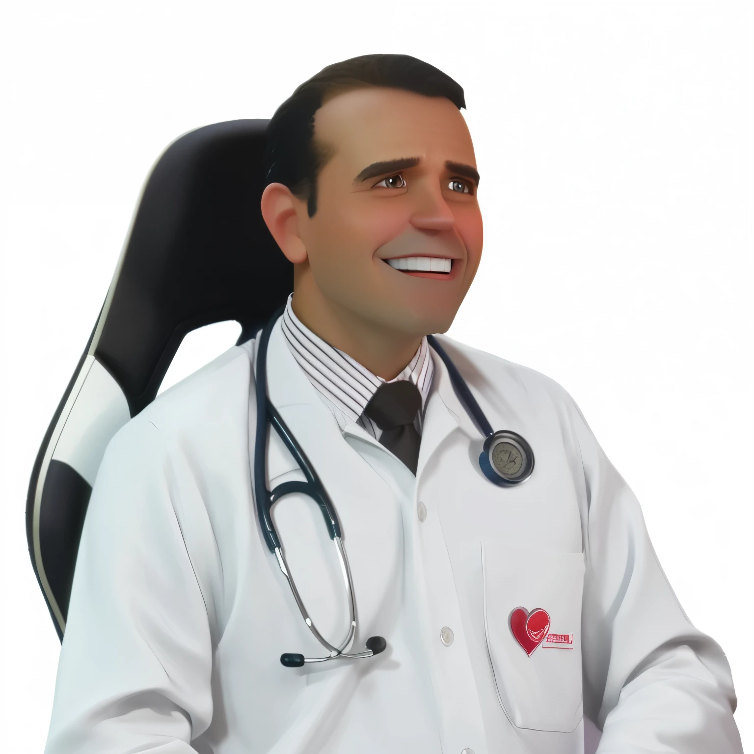 Pixarstyle A waist-length portrait of a male doctor in white coat, sorriso, textura natural da pele, Texturas 4K, HDR, Intricado, altamente detalhado, sharp focus, Cinematic Appearance, hiper-detalhado