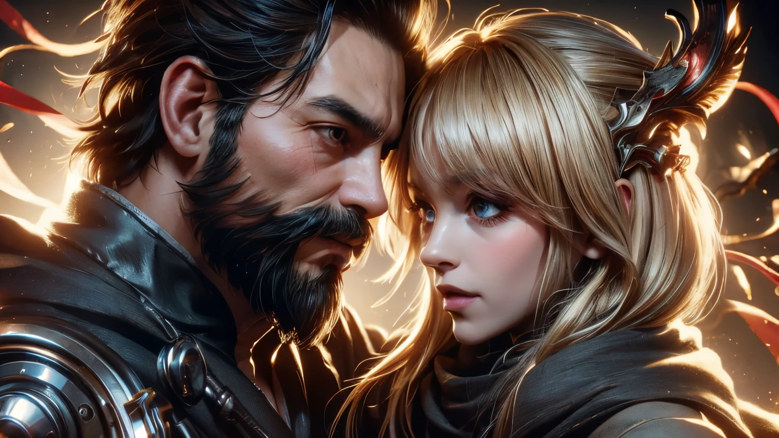 ((best quality)), (high detail), (original art), (1man), (1woman), (close up), (headshot), rugged face, 44 year old man with extremely short black hair and full thick beard, dark brown eyes, very intense gaze in his eyes, holding a woman with blond hair and brown eyes, (beautiful woman), embers of fire in the air, warrior spirit, HDR, 3D, digital art style.