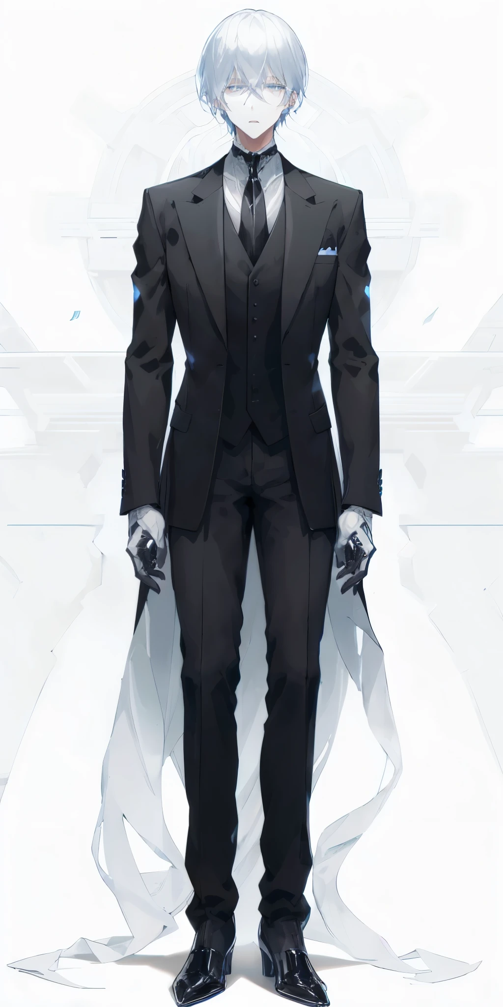 anime character dressed in black suit and tie with white hair, !!full body portrait!!, slender man, man in black suit, wearing a black suit, single character full body, dark suit, wearing black suit, in a black suit, fullbody portrait, tall anime guy with blue eyes, formal black suit. detailed, full body single character,hd quality