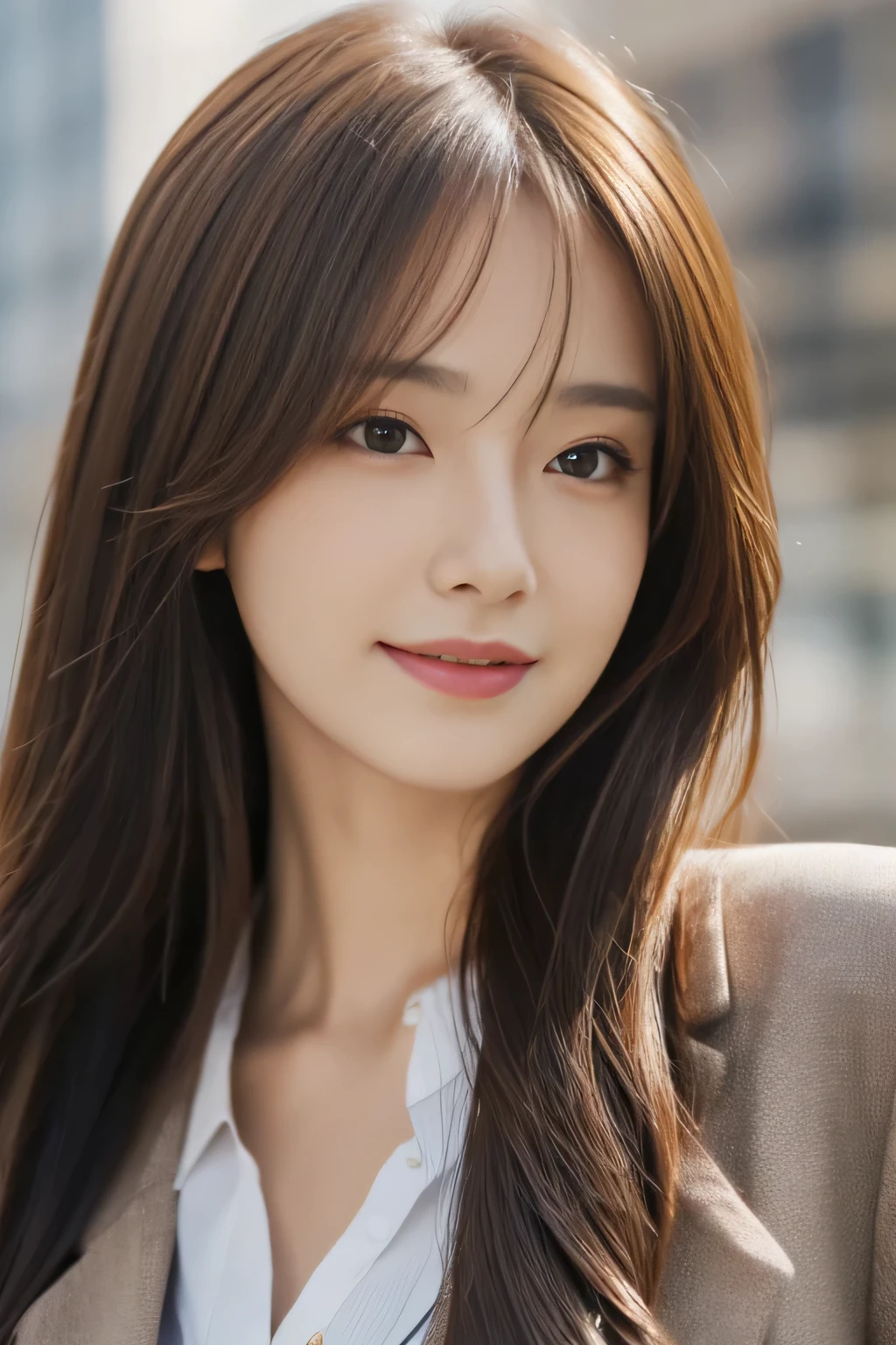 step piece, highest quality, realistic, Super detailed, finely, High resolution, 8K Dende Wallpaper, 1 beautiful woman,, light brown messy hair, wearing a business suit, sharp focus, perfect dynamic composition, beautiful and detailed eyes, fine hair, Detailed realistic skin texture, smile, close-up portrait, model body shape