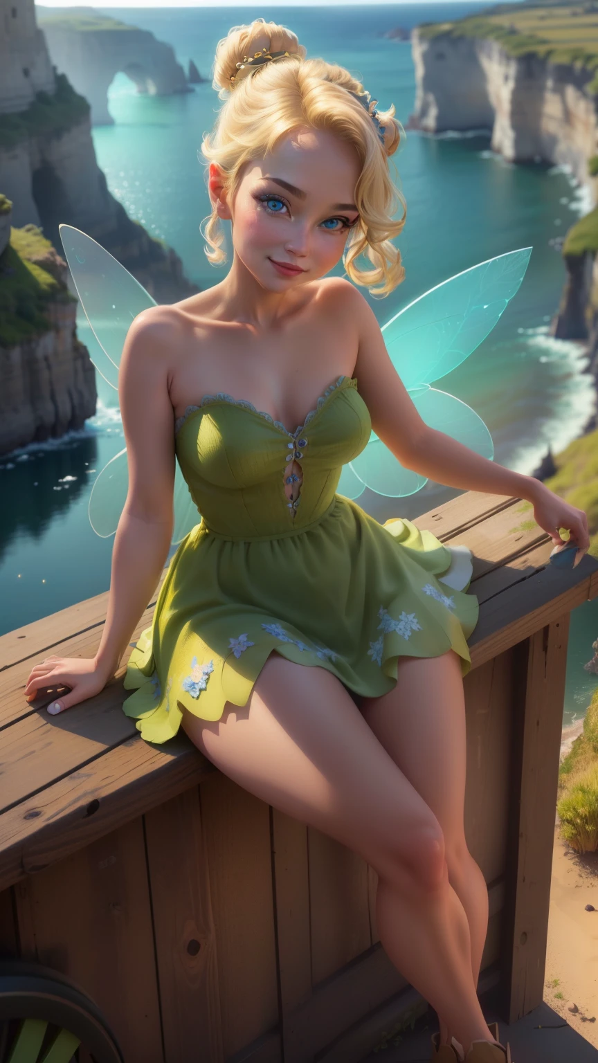 (Tinker Wife:1), smile, cute, cute pose, looking at the viewer, thick thighs, single hair bun hair, short hair, (Strapless Green Dress:1), (fairy wings), sitting, (chest focus:1.2), From above, 
(realistic:1.2), (realism), (masterpiece:1.2), (highest quality), (Super detailed), (8K, 4K, Complex),(full body shot:1),(cowboy shot:1.2), (85mm),particles of light, lit, (very detailed:1.2),(detailed face:1.2), (Gradation), software, colorful,(fine eyes:1.2),
(detailed landscape, in a glass bottle:1.2),(detailed background),detailed landscape, (dynamic angle:1.2), (dynamic pose:1.2), (third law_composition:1.3), (Action range:1.2), wide shot, dawn, alone,