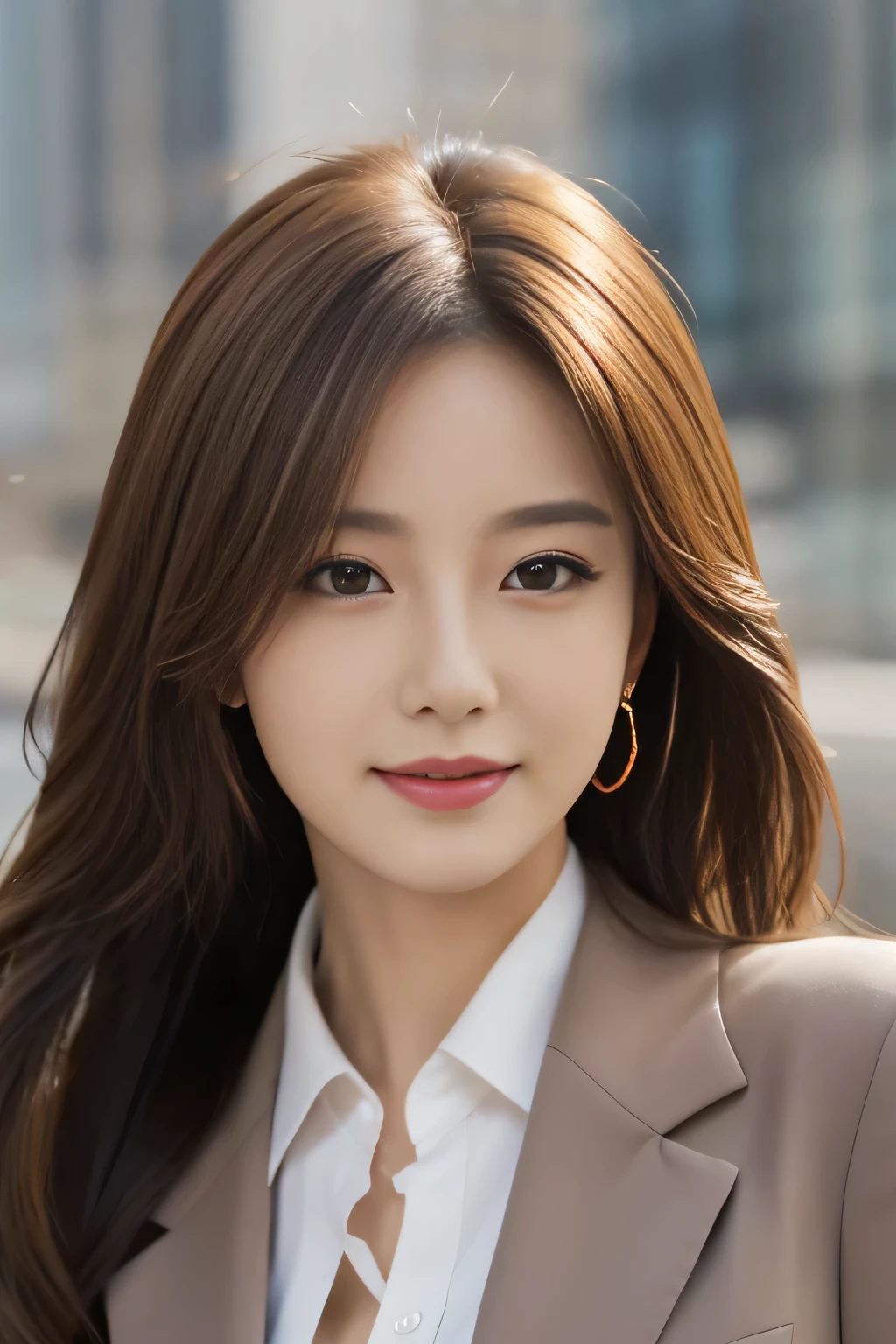 step piece, highest quality, realistic, Super detailed, finely, High resolution, 8K Dende Wallpaper, 1 beautiful woman,, light brown messy hair, wearing a business suit, sharp focus, perfect dynamic composition, beautiful and detailed eyes, fine hair, Detailed realistic skin texture, smile, close-up portrait, model body shape