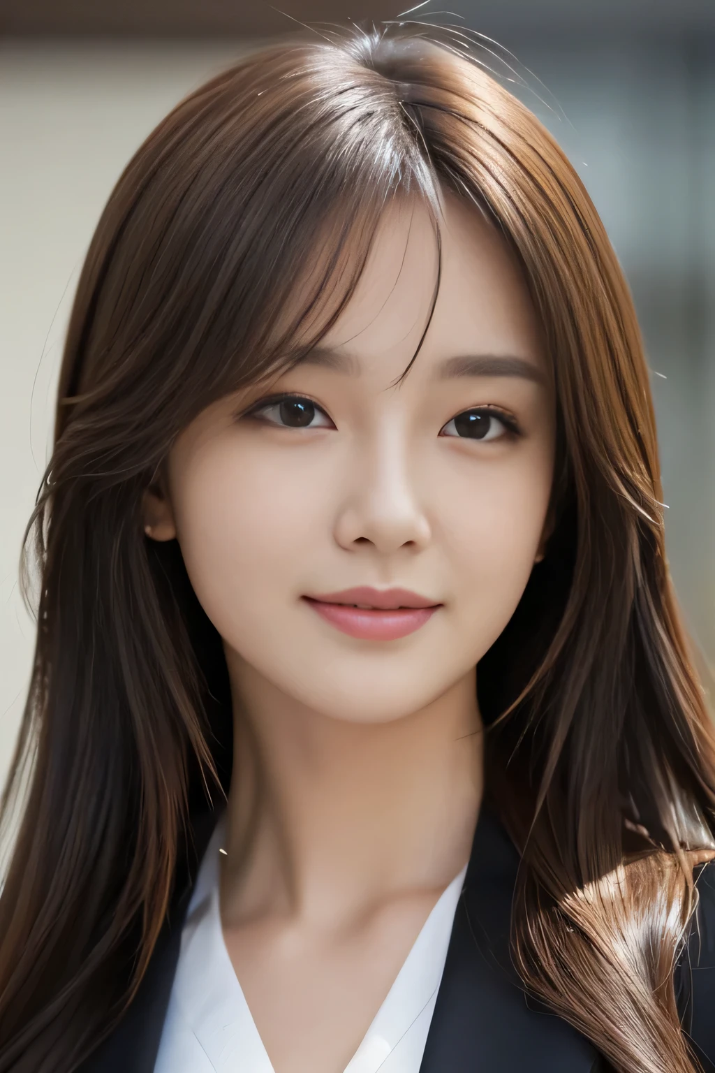 step piece, highest quality, realistic, Super detailed, finely, High resolution, 8K Dende Wallpaper, 1 beautiful woman,, light brown messy hair, wearing a business suit, sharp focus, perfect dynamic composition, beautiful and detailed eyes, fine hair, Detailed realistic skin texture, smile, close-up portrait, model body shape