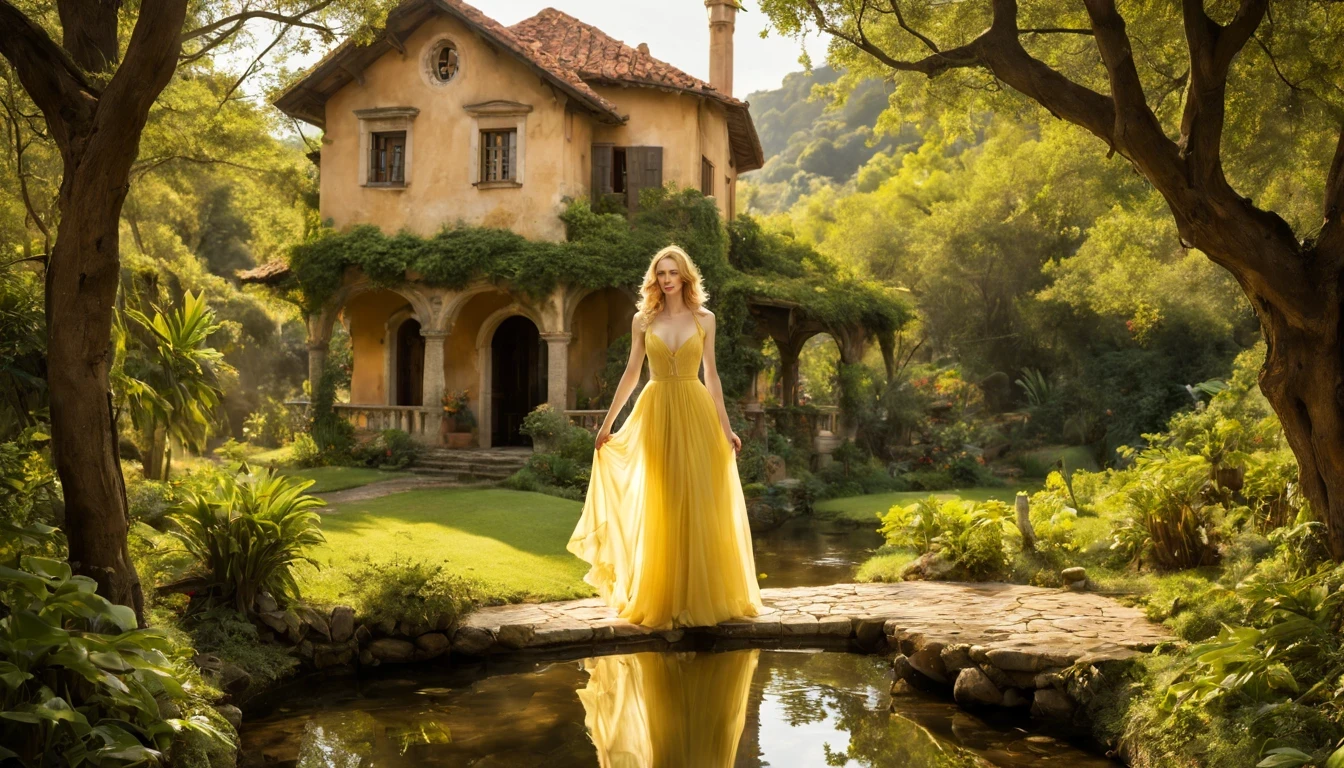 There is a beautiful girl "Nicole Kidman", with a long, detailed Lemon Yellow dress, melhor qualidade,realistic detailed fantasy house in an Encantado forest,ao lado de um riacho tranquilo,(lush vegetation,folhagem abundante,musgo espesso),(vaga-lumes cintilantes,Dancing butterflies,sussurrando atmosfera misteriosa e arborizada,ethereal ambiance),(sonhe como,magical,Encantado:1.2),(macio,luz solar filtrada),(aconchegante,esquentar,Convidativo:1.1) Fairytale setting,(cores vibrantes,roof covered in pastel colors,porta detalhada em madeira esculpida,magical symbolubbling stream,water bathed in the sun),(vento sussurrando,Folhas farfalhantes),Old stone path leading to the house,jardim coberto com flores florescentes,and a beautiful swing hanging from a tree branch.
