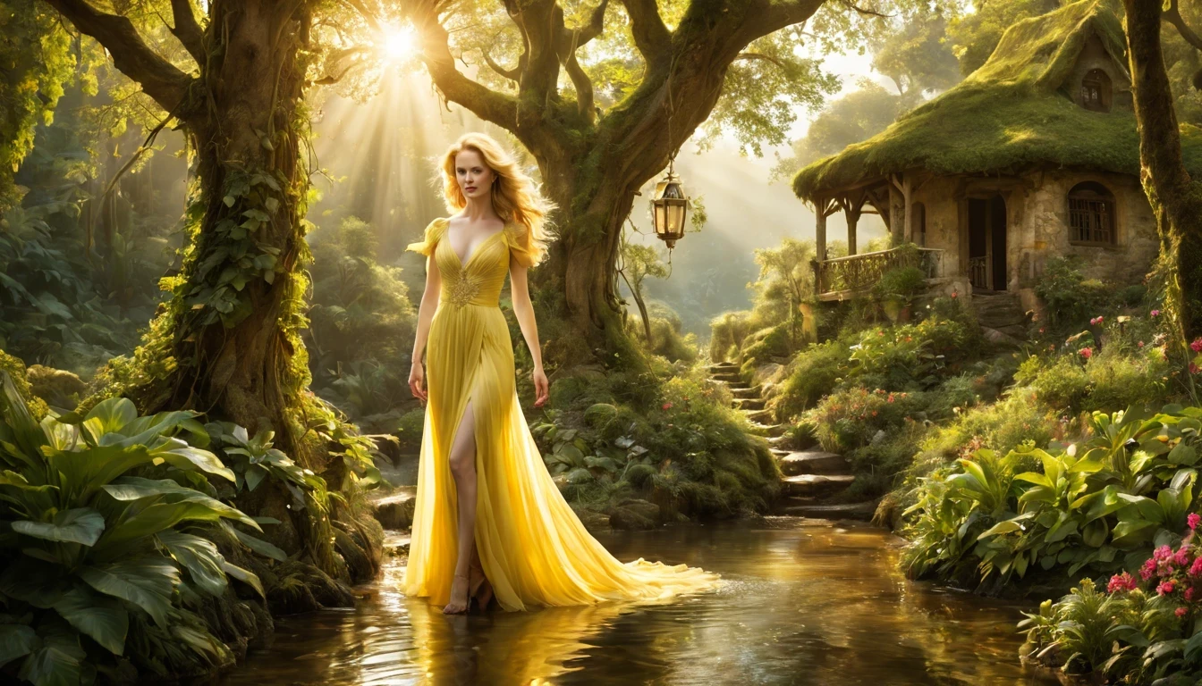 There is a beautiful girl "Nicole Kidman", with a long, detailed Lemon Yellow dress, melhor qualidade,realistic detailed fantasy house in an Encantado forest,ao lado de um riacho tranquilo,(lush vegetation,folhagem abundante,musgo espesso),(vaga-lumes cintilantes,Dancing butterflies,sussurrando atmosfera misteriosa e arborizada,ethereal ambiance),(sonhe como,magical,Encantado:1.2),(macio,luz solar filtrada),(aconchegante,esquentar,Convidativo:1.1) Fairytale setting,(cores vibrantes,roof covered in pastel colors,porta detalhada em madeira esculpida,magical symbolubbling stream,water bathed in the sun),(vento sussurrando,Folhas farfalhantes),Old stone path leading to the house,jardim coberto com flores florescentes,and a beautiful swing hanging from a tree branch.