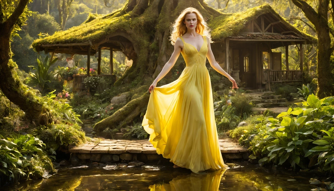 There is a beautiful girl "Nicole Kidman", with a long, detailed Lemon Yellow dress, melhor qualidade,realistic detailed fantasy house in an Encantado forest,ao lado de um riacho tranquilo,(lush vegetation,folhagem abundante,musgo espesso),(vaga-lumes cintilantes,Dancing butterflies,sussurrando atmosfera misteriosa e arborizada,ethereal ambiance),(sonhe como,magical,Encantado:1.2),(macio,luz solar filtrada),(aconchegante,esquentar,Convidativo:1.1) Fairytale setting,(cores vibrantes,roof covered in pastel colors,porta detalhada em madeira esculpida,magical symbolubbling stream,water bathed in the sun),(vento sussurrando,Folhas farfalhantes),Old stone path leading to the house,jardim coberto com flores florescentes,and a beautiful swing hanging from a tree branch.