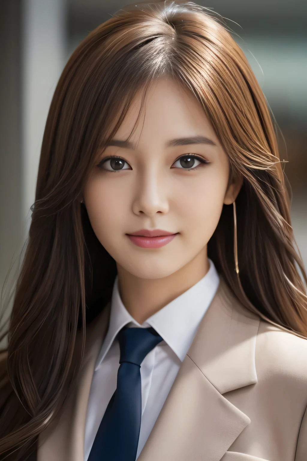 step piece, highest quality, realistic, Super detailed, finely, High resolution, 8K Dende Wallpaper, 1 beautiful woman,, light brown messy hair, wearing a business suit, sharp focus, perfect dynamic composition, beautiful and detailed eyes, fine hair, Detailed realistic skin texture, smile, close-up portrait, model body shape