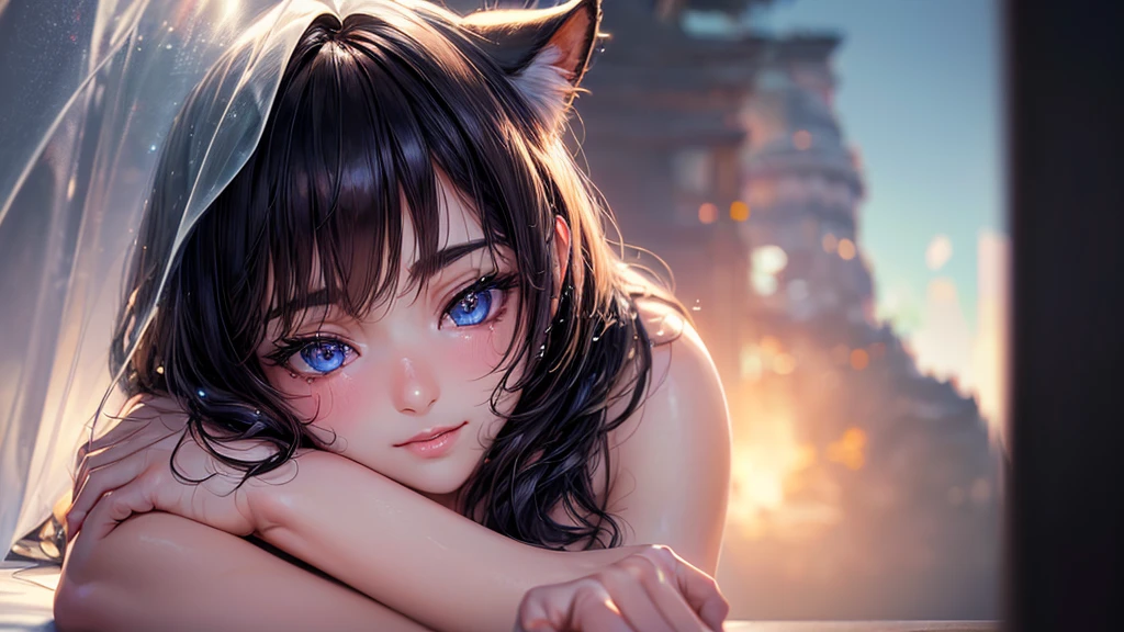 (Cinematic footage, full medium closeup, gorgeous 18-year-old kemonomimi woman soft pale skin, cute and youthful face, well-defined eyebrows, delicate nose, ultra-detailed: 1.1, photo-realistic: 1.4, depth of field, cinematic lighting, IMAX camera, HDR, DTM, Full HD, 8k, flared, medium breasts: 1.5, slim, smile, standing, 8K picture quality, sexy seduction, 4k, 8k, highres, best quality, plump and round lips: 1.4, realistic: 1.37 long, flowing: 1.1 luscious, plump: 1.1 sparkling sequins: 1.1 subtle, 0.9 soft, warm: 1.1 masterpiece: 1.2, realistic: 1.4, photo-realistic: 1.37, ultra-detailed: 1.1 busty animal ears, beautiful, detailed ears: 1.1 best quality, 4k, highres, masterpiece: 1.2 detailed, piercing eyes: 1.1 masterpiece: 1.2 very three-dimensional: 1.2, Unreal Engine 5, octane render), (beautiful ultra-detailed face, eyes, highly detail skin texture, high detailed skin, ultra-detailed body, bright and glowing skin: 1.1)
(Physical Rendering, Professional Lighting, Photon Mapping, Radiosity, Soft Light, Lens Reflection: 1.3)
(best shadow)
(3D: 0.5, realistic: 0.5, photo-realistic: 1.4)
(Sharp focus: 1.5)
(beautiful face, perfect face: 1.1)
(eye makeup: 1.2)
(tight body, fitness body: 1.2)
(highest quality)
(8k, best quality, masterpiece: 1.3)
((masterpiece, best))
(best illustration)
(high detail: 1.1)
(detailed fantasy realm background: 1.3)