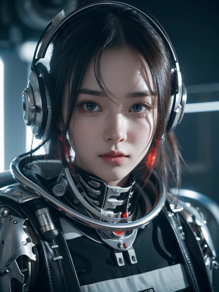 1 white mechanical girl,((Extraordinarily realistic details)), Portrait, world class illumination, shadow, Octane rendering, 8ก, Ultra Sharp,silver metal,complicated, detailed jewelry, cool colors, highly complicated details, realistic light, Trending in cgsociety, shining eyes, beautiful face, Double eyelids, Facing the camera, neon details, mechanical limbs,blood vessels connected to tubes,A mechanical spine is attached to the back.,sit,wires and cables connecting to head, Highly detailed, เทคโนโลยีจากFuture World, Future World, Alien Technology