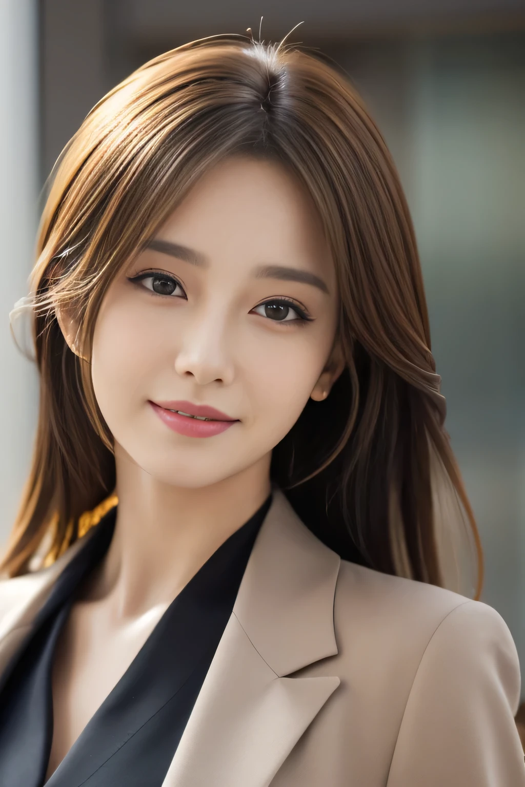 step piece, highest quality, realistic, Super detailed, finely, High resolution, 8K Dende Wallpaper, 1 beautiful woman,, light brown messy hair, wearing a business suit, sharp focus, perfect dynamic composition, beautiful and detailed eyes, fine hair, Detailed realistic skin texture, smile, close-up portrait, model body shape
