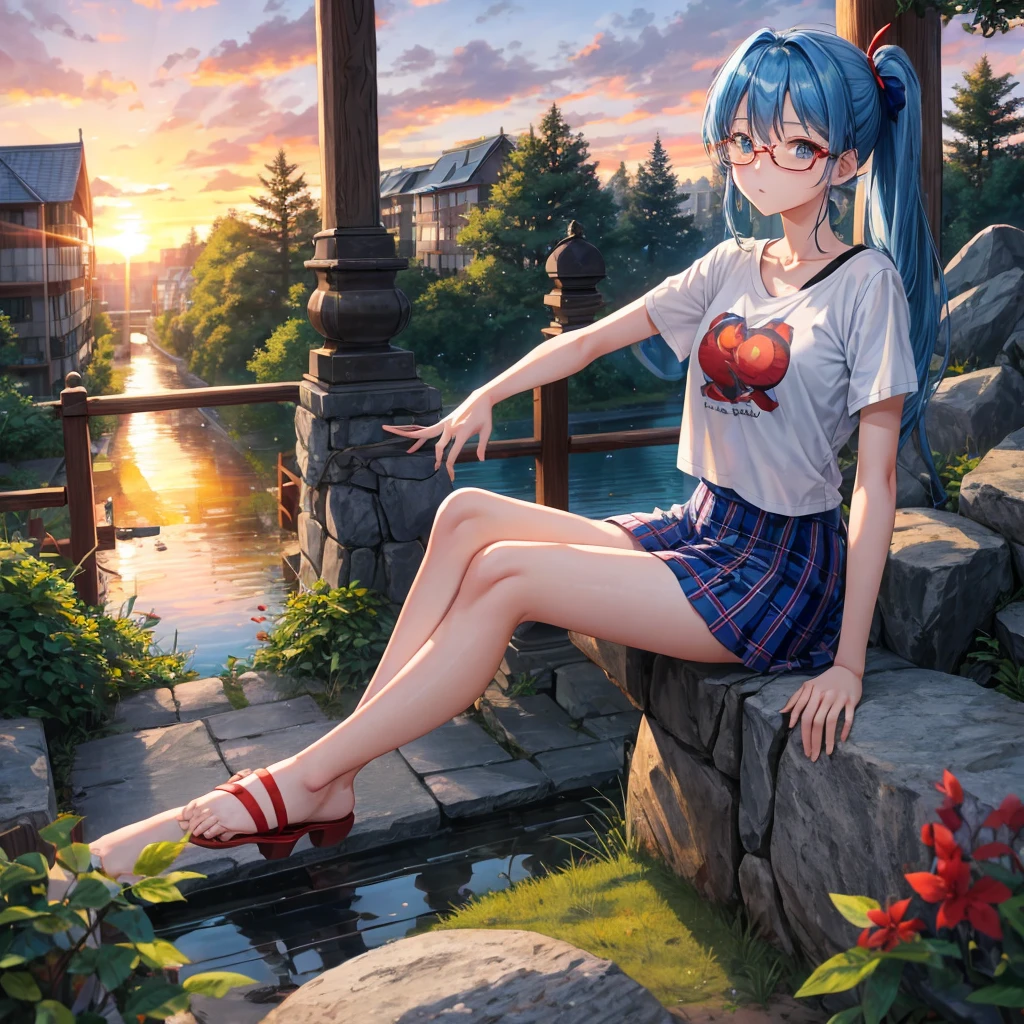 blue hair、Red-blonde、blue eyeraid、ponytail、one good looking girl、solo、anime、Plaid miniskirt、black t-shirt、camisole、forest、sitting、Wearing a plaid baseball cap、Tilting your face、Doing the ribbon、sunset sky、stone bridge、stone stairs、petal、A small bird  flying、big tree、tunnel、water blowing up、Bang、stretching one&#39;s back、Fallen leaveixing glasses