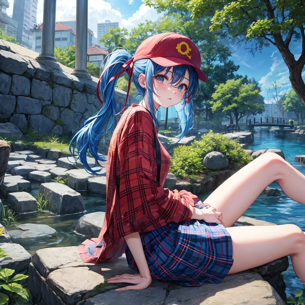 blue hair、Red-blonde、blue eyeraid、ponytail、one good looking girl、solo、anime、Plaid miniskirt、black t-shirt、camisole、forest、sitting、Wearing a plaid baseball cap、Tilting your face、Doing the ribbon、sunset sky、stone bridge、stone stairs、petal、A small bird flying、big tree、tunnel、water blowing up、Bang、stretching one's back、Fallen leaveixing glasses