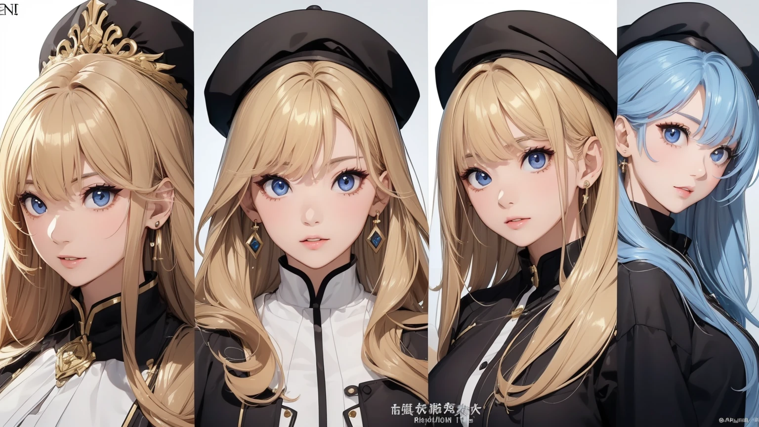 ((Masterpiece)),(((best quality))),(character design sheet, Same character...., front, side), beautiful girl,The results of hair coloring are clear.、Qi Bang、shawl long hair、beret hat、eyeole, fluid under the 、put on makeup、Ring Earrings、Cinema-grade lighting、Drawing of standing characters from many angles.、Variations of anime、Highly detailed、High quality。 --automatic, Separate from each other...., to, equilibrium, decorate, Sharp teeth, shout, sparkling eyes, มีHighly detailed, ((4 expressions)), Jungle Theme, ((ตกสะเก็ดบนใบfront, glossy lips, Shiny skin, (((มีสี่frontเท่านั้น))), (((References only four)))
